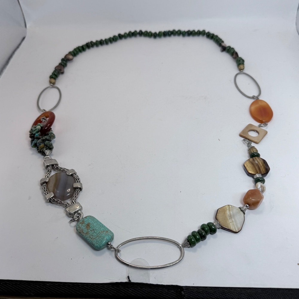 Boho Artisan Mixed Stone Necklace Turquoise Agate Mother of Pearl StatementPiece